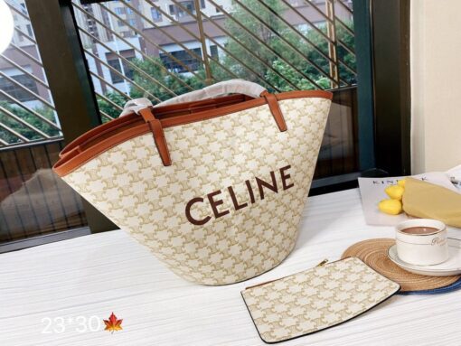 CELINE SMALL BUCKET IN TRIOMPHE CANVAS AND CALFSKIN WHITE