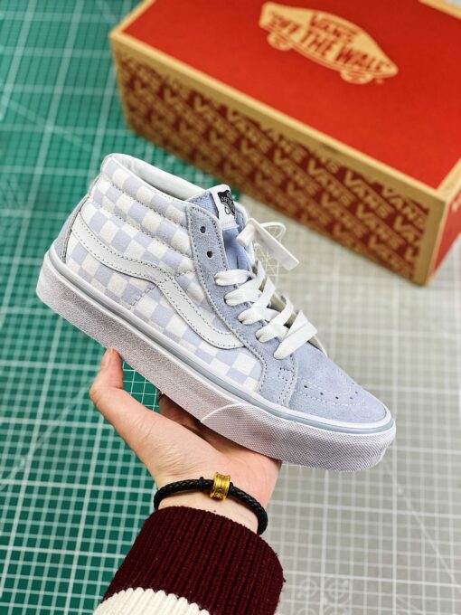 Giày Sneaker Vans Checkerboard Plaid Tiffany Blue Mid Top Chất Lượng