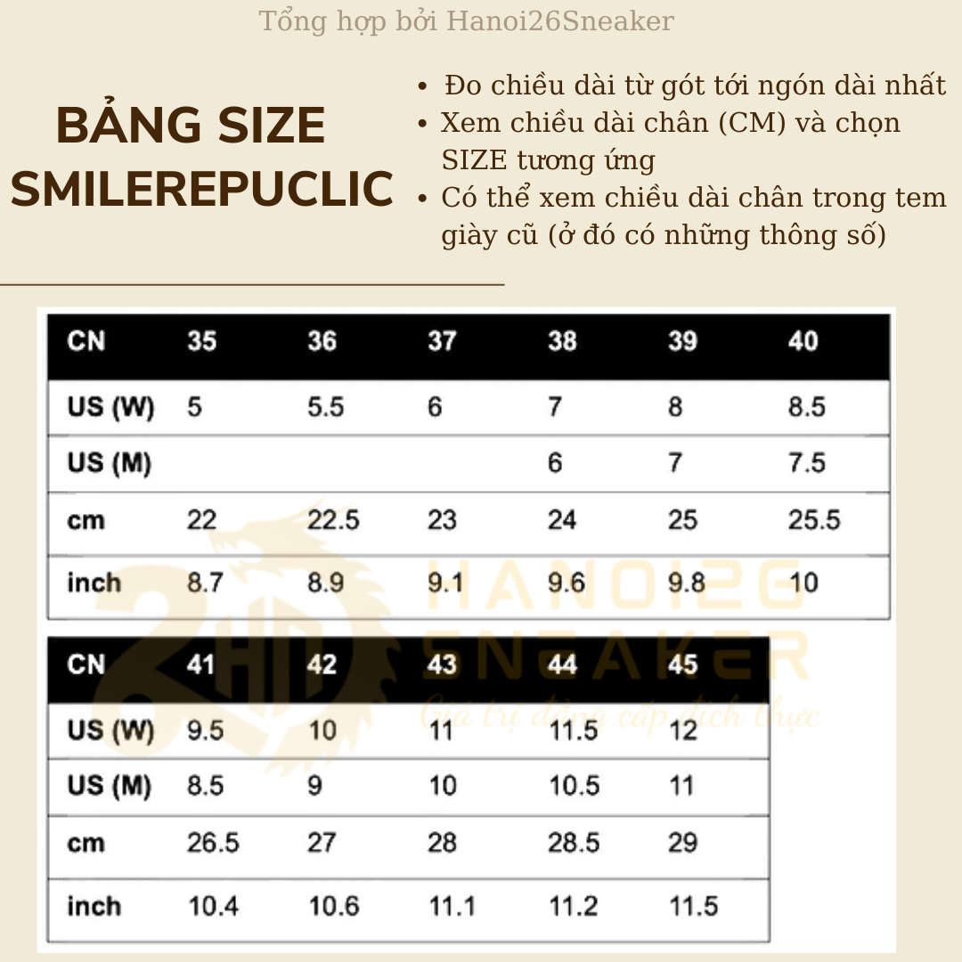 Bảng Size Giày SMILE REPUBLIC